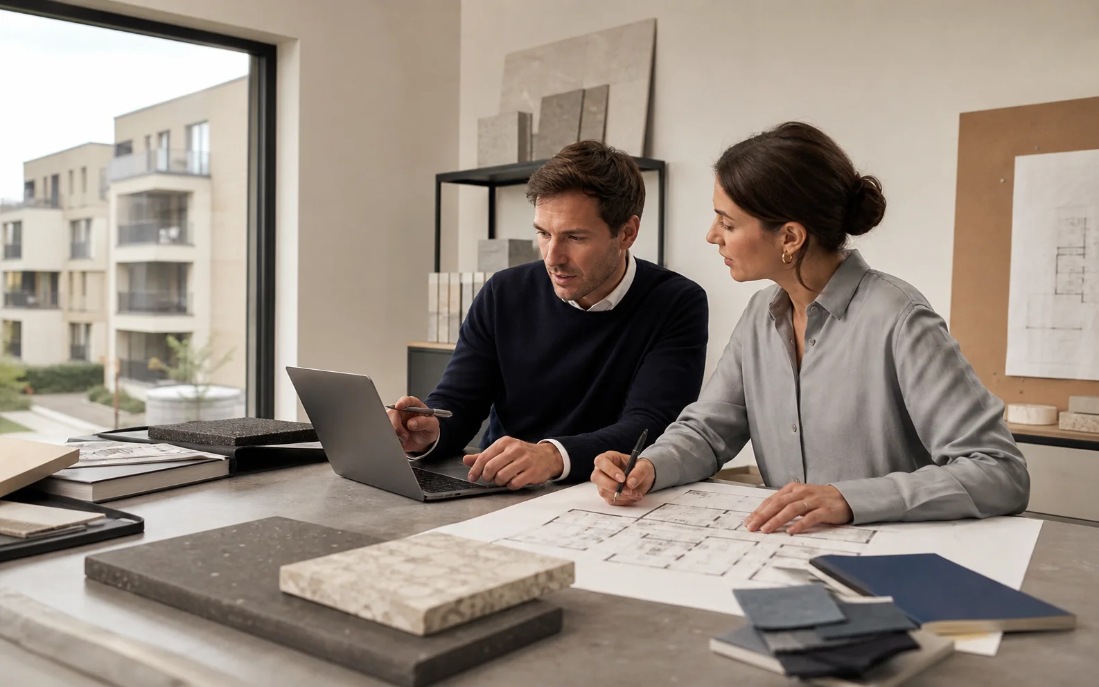 Immobilienteam prüft Grundrisse und Kundenanfragen